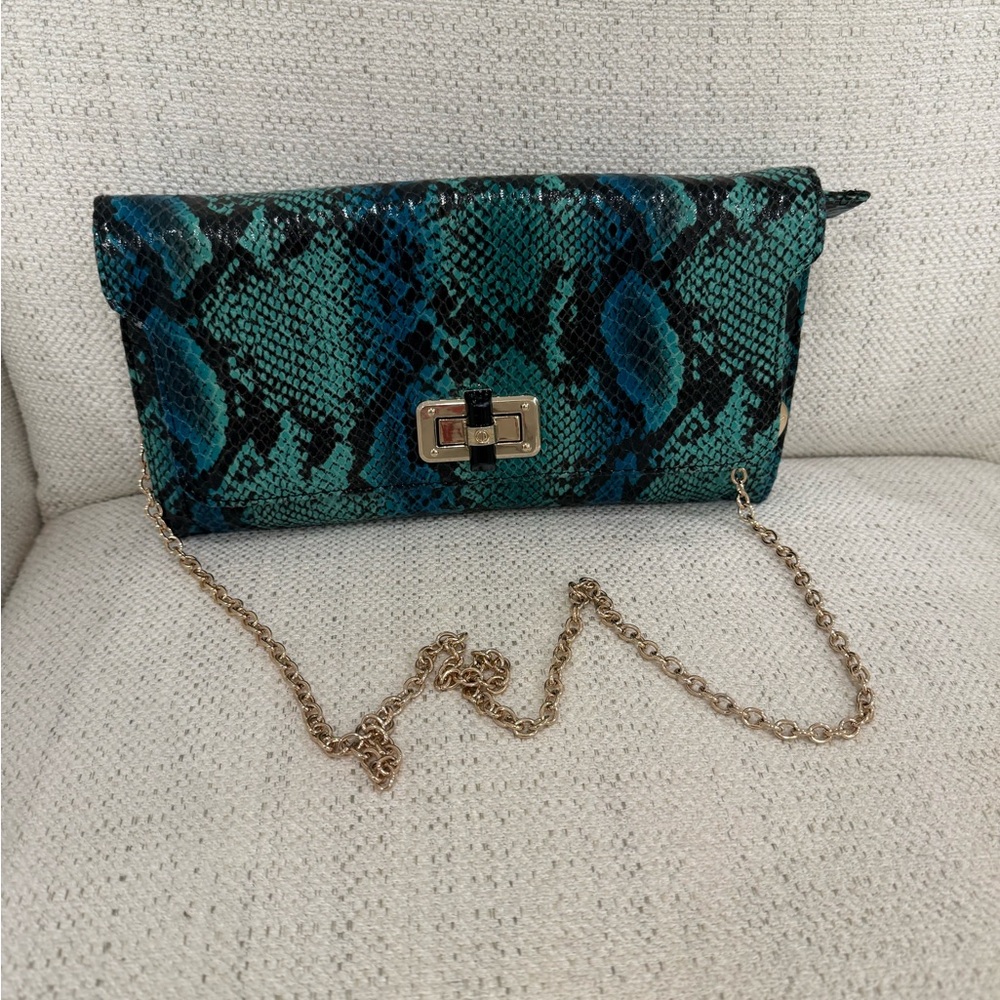 Elegant Big Buddha Green Snake Print Clutch wristlet with Gold Chain
